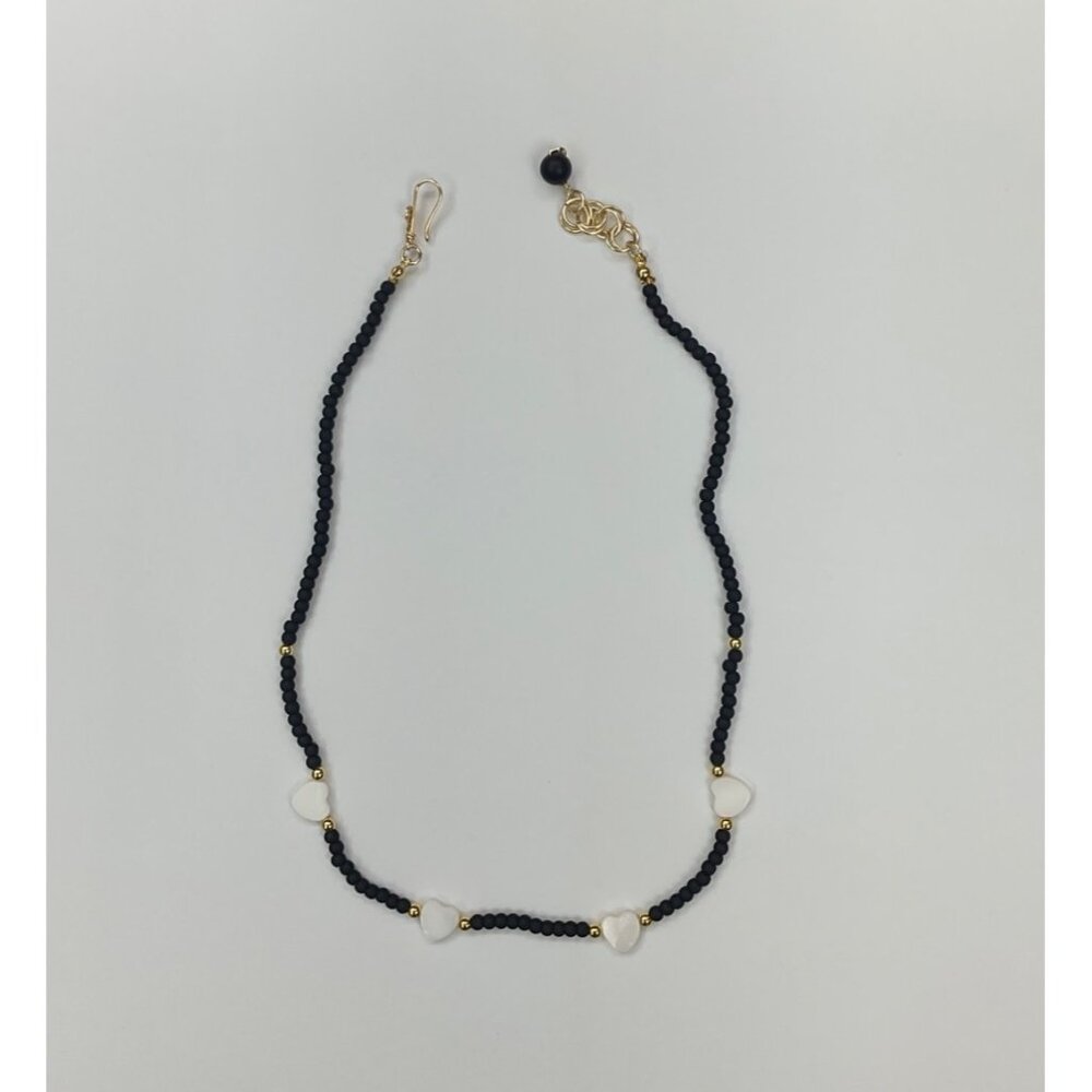 Handmade Beaded Necklace – Black, Gold & White Hearts 17” to 18”